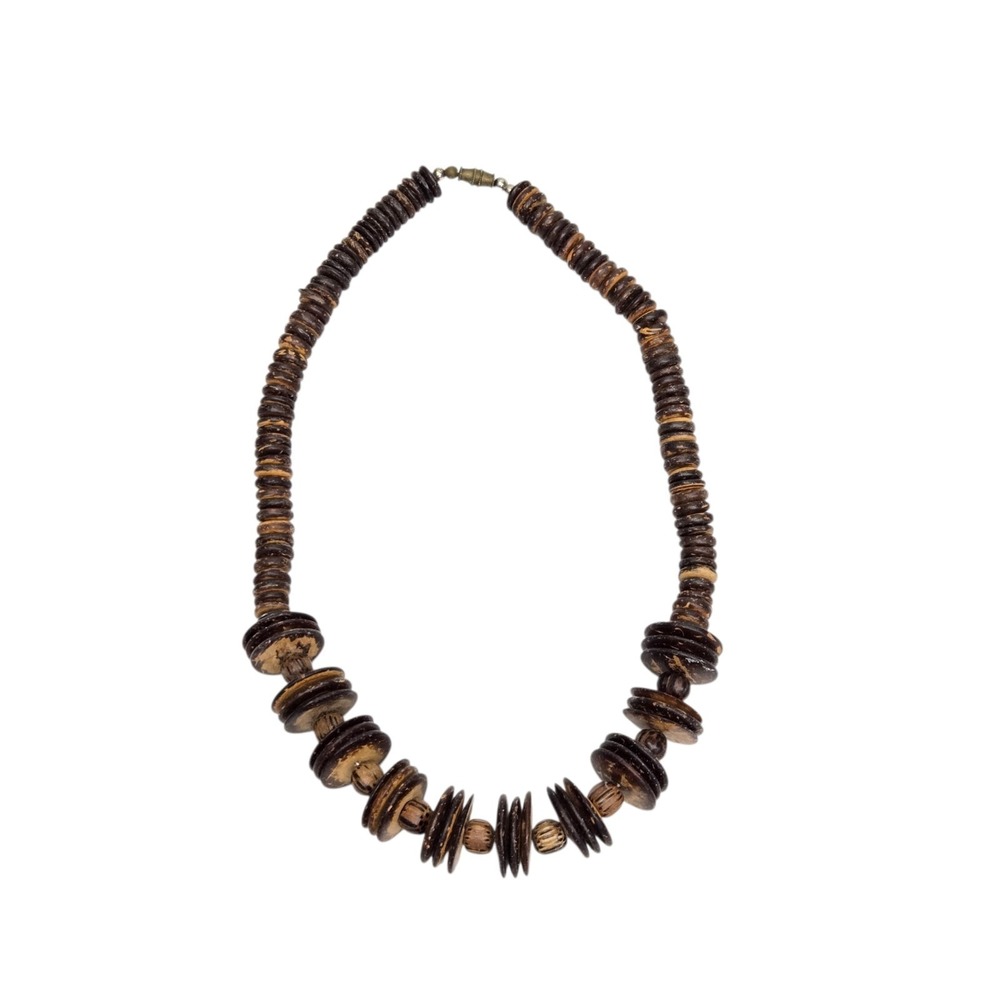Boho Coconut Shell Disc Necklace Tribal Natural Brown Chunky Statement Beads 18"